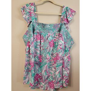 NWT Emily Wonder Bloom Floral Blouse Emerald Magenta Flounce Ruffle Size 1X